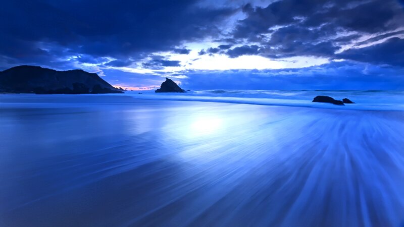 Beach at Twilight — Blue, Dramatic, Night, Photograph, Mountain