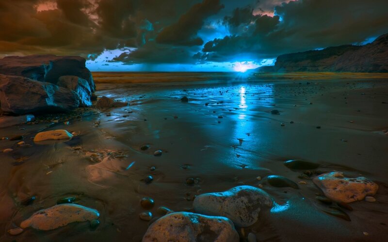 Beach at Twilight — Blue, Dramatic, Night, Photograph, Rocks
