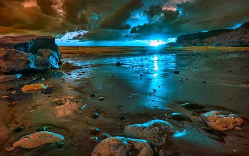 Beach at Twilight — Blue, Dramatic, Sunset, Photograph, Rocks