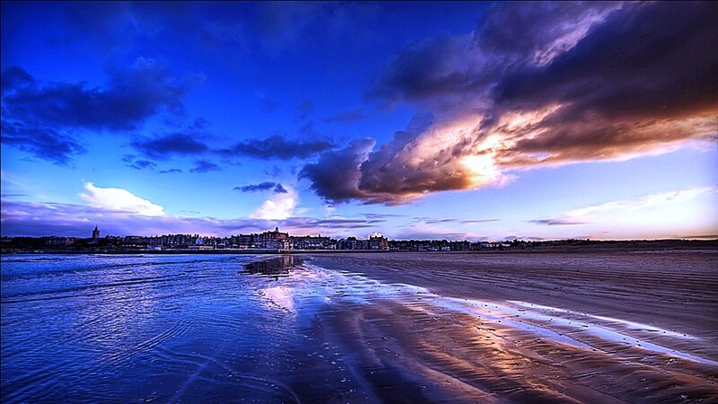 Beach at Twilight — Blue, Dramatic, Sunset, Photograph, Sky, Clouds