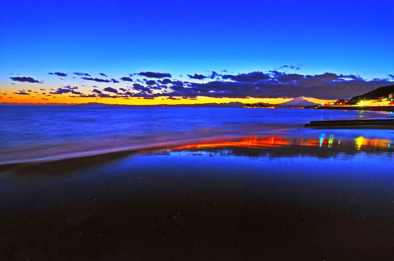 Beach at Twilight — Blue, Serene, Night, Photograph, Mountain, City Lights