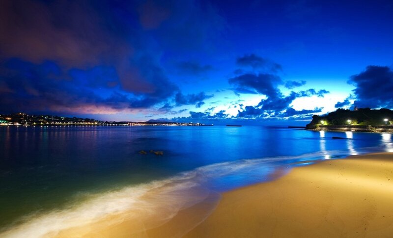 Beach at Twilight — Blue, Serene, Night, Photograph, Ocean, Sky, City Lights