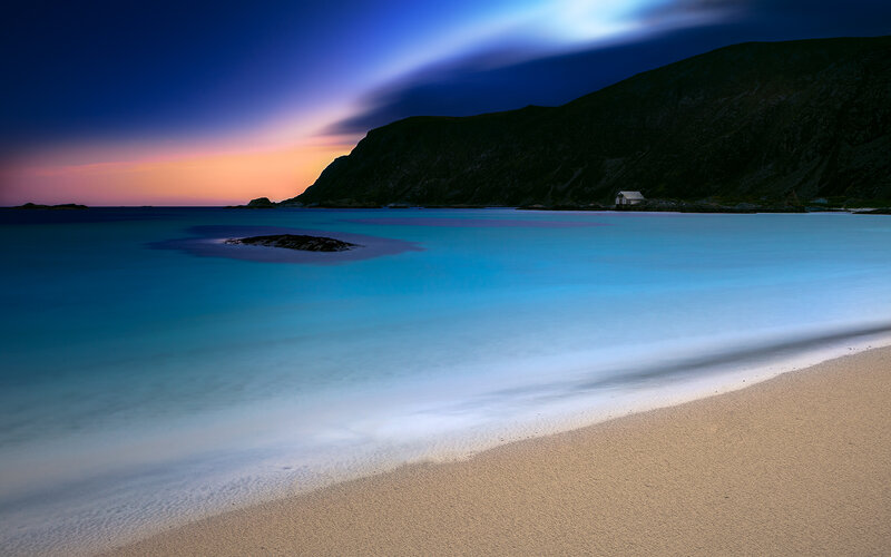 Beach at Twilight — Blue, Serene, Sunset, Photograph, Mountain, Sea, House