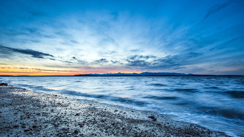 Beach at Twilight — Blue, Serene, Sunset, Photograph, Ocean, Mountains