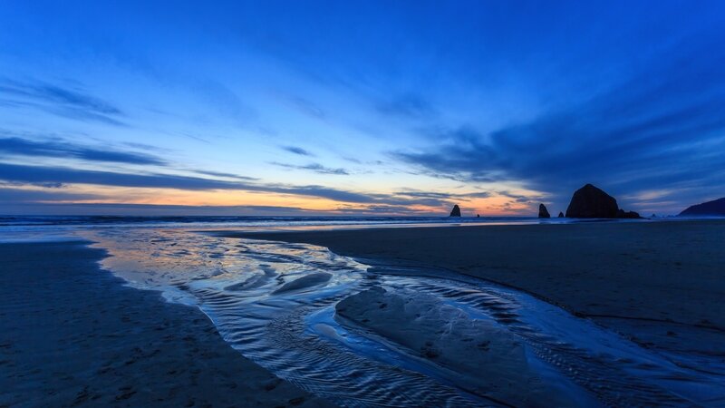Beach at Twilight — Blue, Serene, Sunset, Photograph, Ocean, Rocks