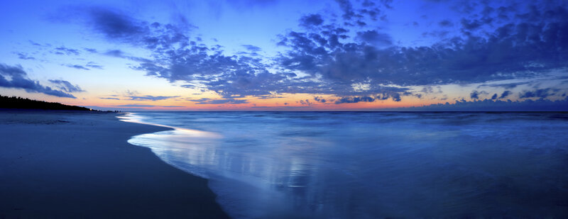 Beach at Twilight — Blue, Serene, Sunset, Photograph, Ocean, Sky, Clouds
