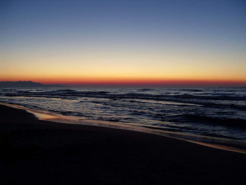 Beach at Twilight — Blue, Serene, Sunset, Photograph, Ocean, Sky, Mountains