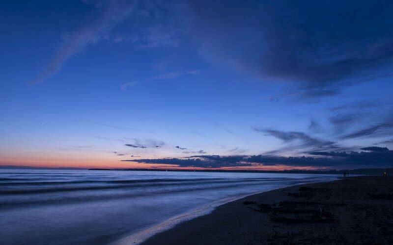 Beach at Twilight — Blue, Serene, Sunset, Photograph, Sky, Ocean, Sand
