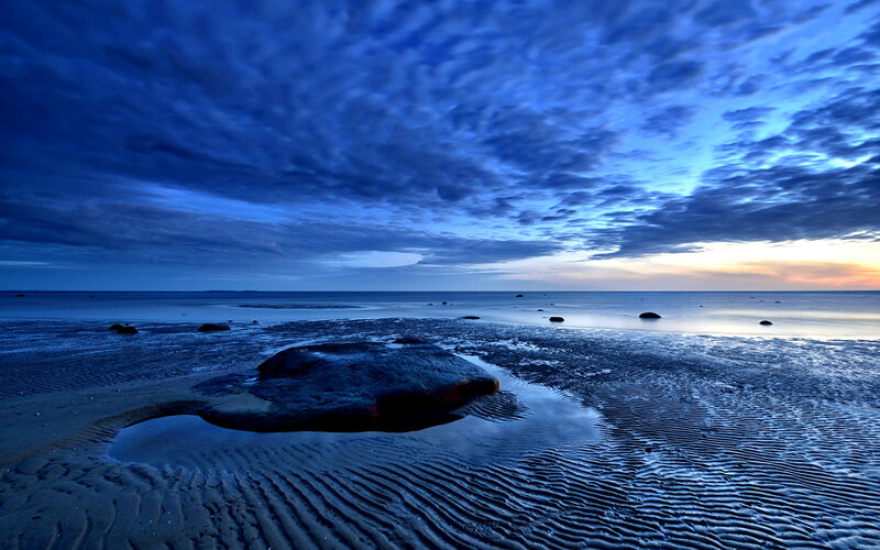 Beach at Twilight — Blue, Serene, Sunset, Photograph, Sky