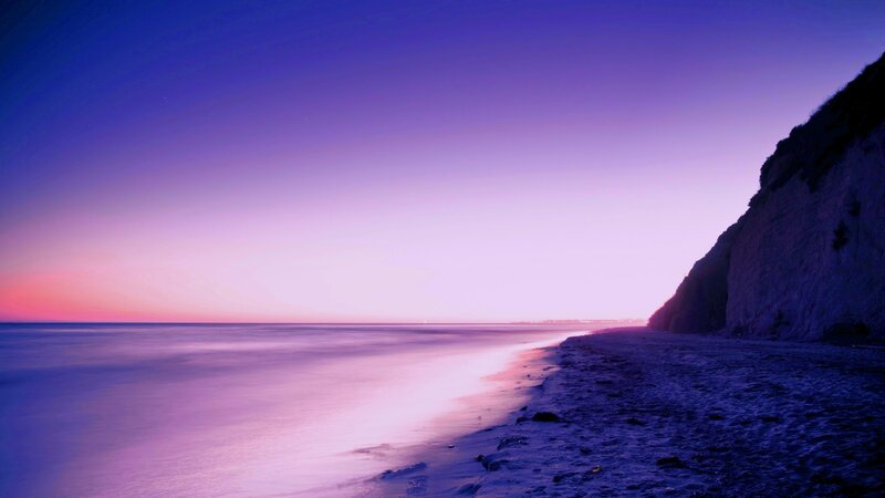 Beach at Twilight — Purple, Serene, Sunset, Photograph, Cliff