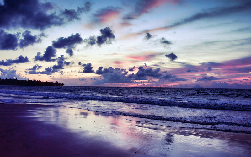 Beach at Twilight — Purple, Serene, Sunset, Photograph, Ocean, Clouds