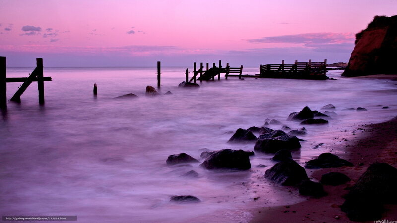 Beach at Twilight — Purple, Serene, Sunset, Photograph, Rocks