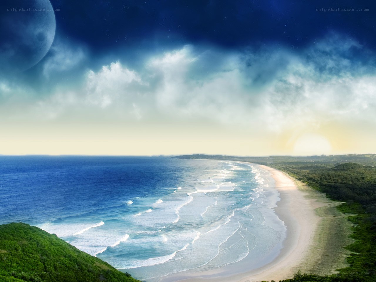 Beach at twilight with moon