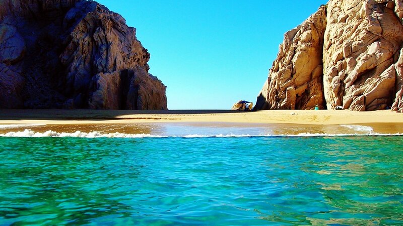 Beach Between Cliffs — Blue, Serene, Afternoon