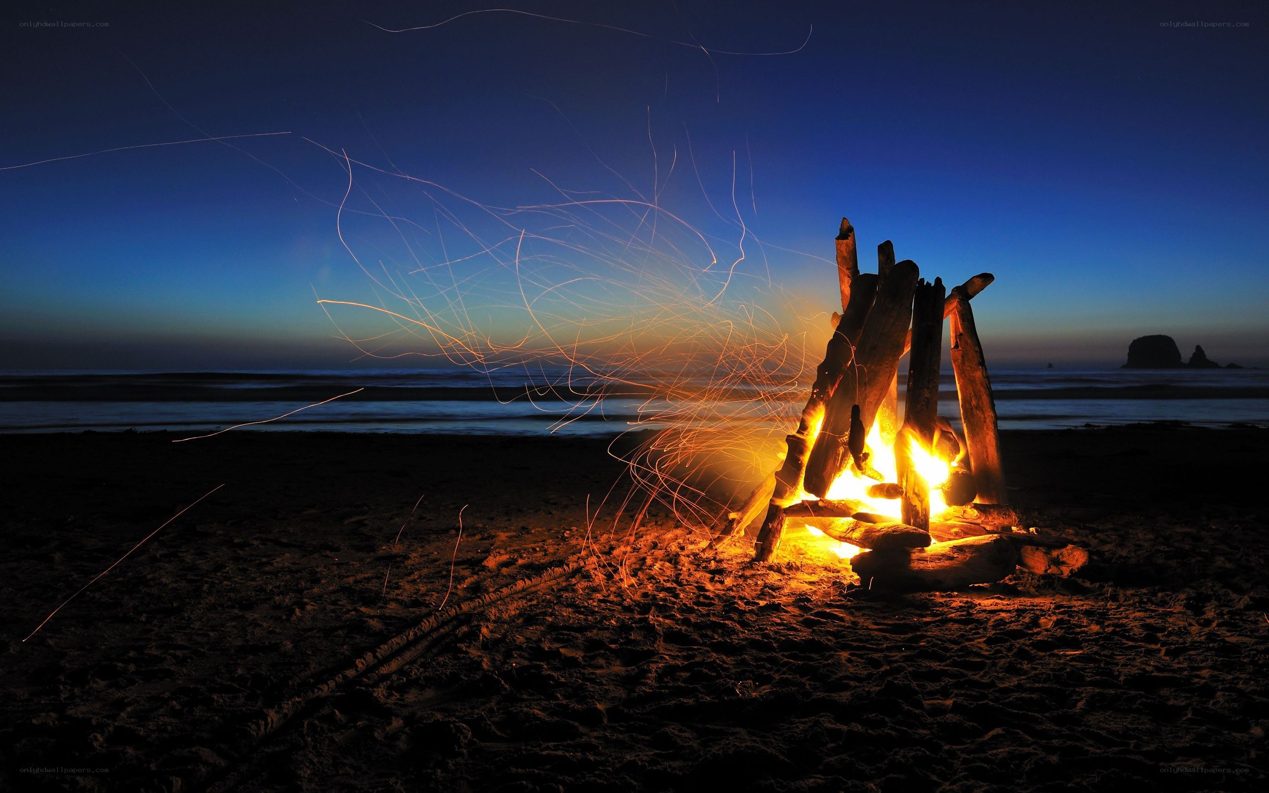 Beach bonfire at dusk