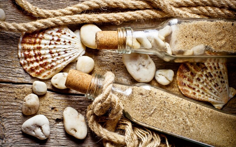 beach bottle and shells