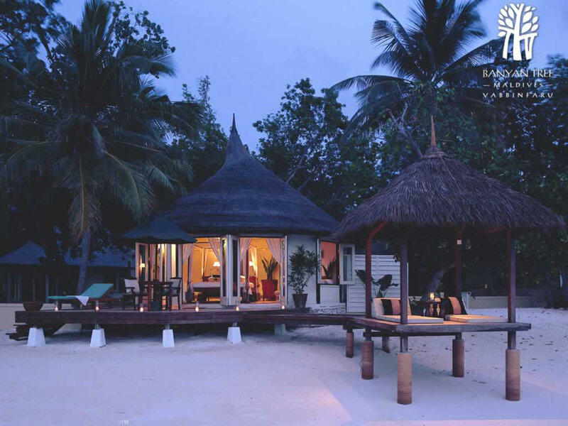 Beach bungalow at dusk