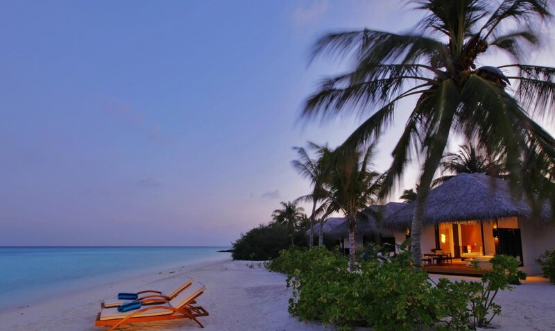 Beach Bungalows at Dusk — Blue, Serene, Sunset, Photograph, Palm Trees, Loungers