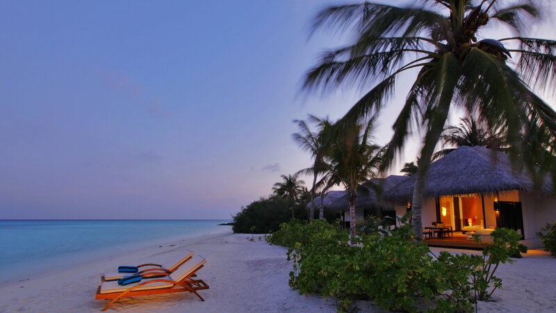 Beach Bungalows at Dusk — Blue, Serene, Sunset, Photograph, Palm Trees
