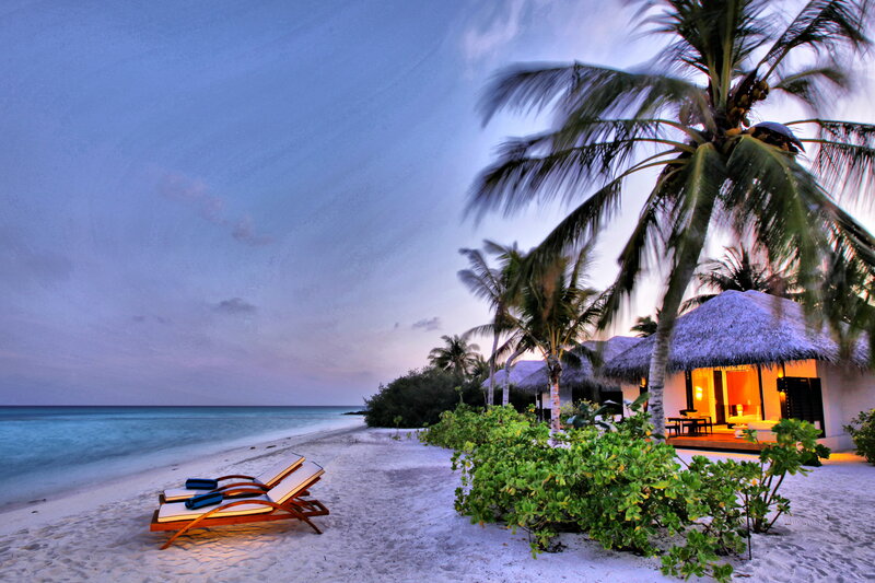 Beach Bungalows at Dusk — Blue, Serene, Sunset