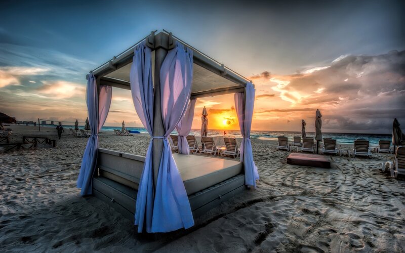 Beach Cabana at Sunset — Blue, Serene