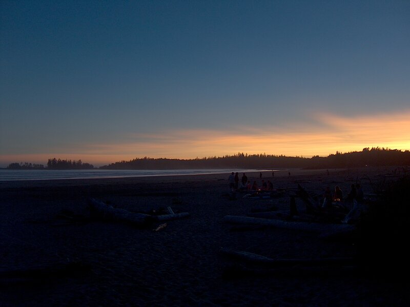 Beach campfire at dusk