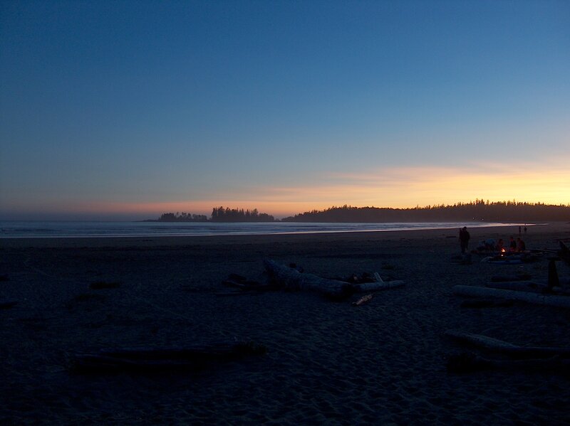 Beach campfire at dusk