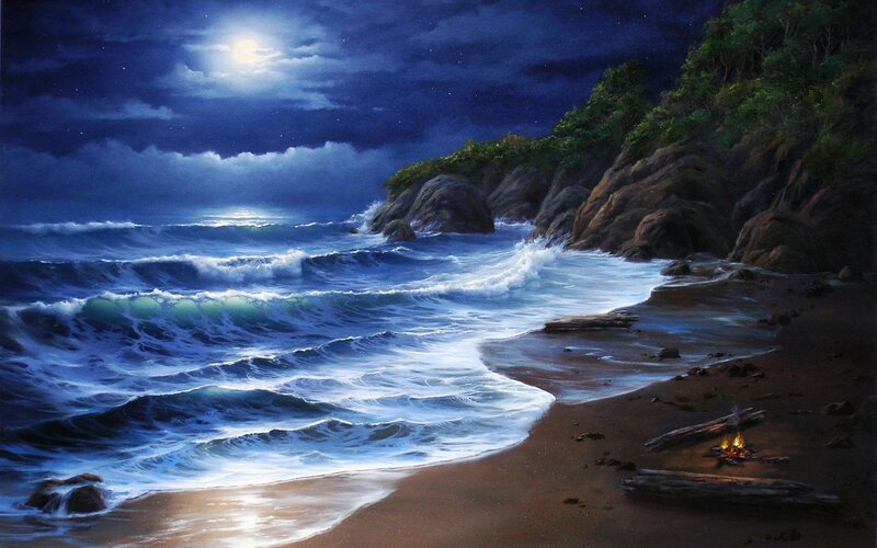 Beach Campfire at Night — Blue, Serene