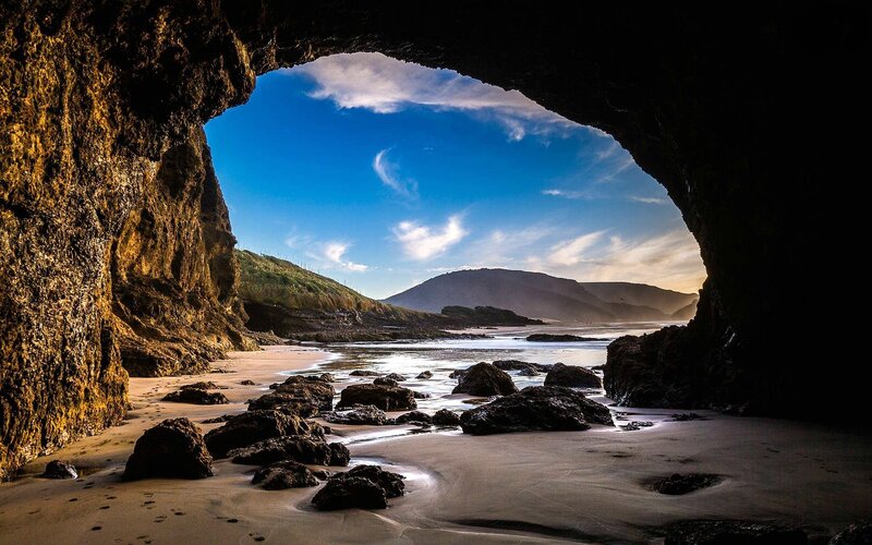 Beach Cave View — Blue, Serene, Sunset, Photograph