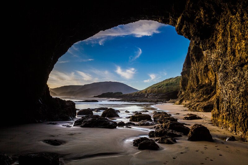 Beach Cave View — Blue, Serene, Sunset