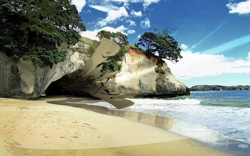 Beach Cave with Surfboard