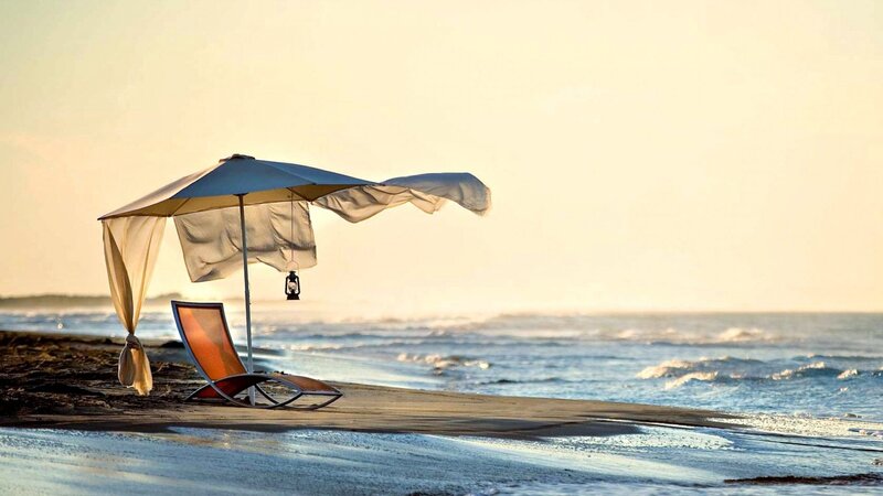 Beach Chair and Umbrella — Blue, Serene, Sunset