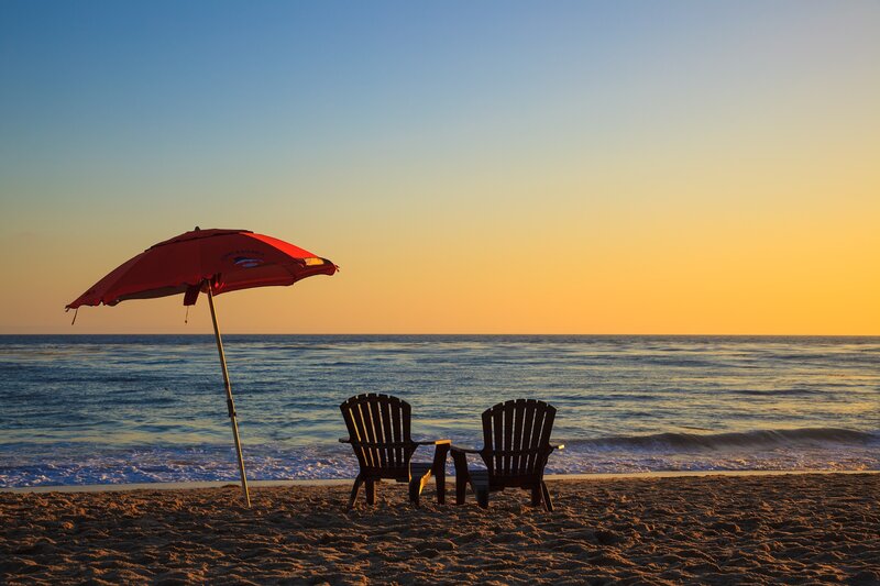 Beach Chairs and Umbrella — Blue, Serene, Sunset