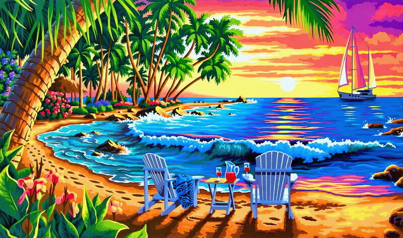 Beach Chairs at Sunset — Blue, Serene, Illustration