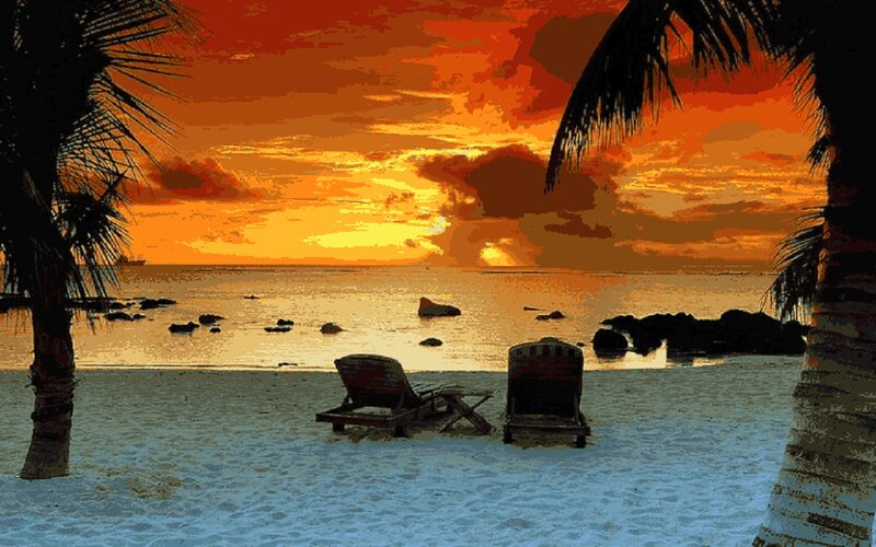 Beach Chairs at Sunset — Orange, Serene, Digital Art