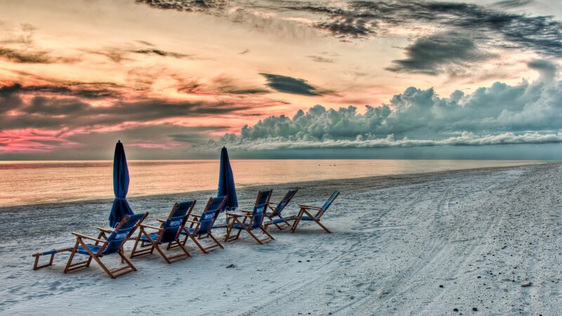 Beach Chairs on Sand — Blue, Dramatic, Sunset, Photograph
