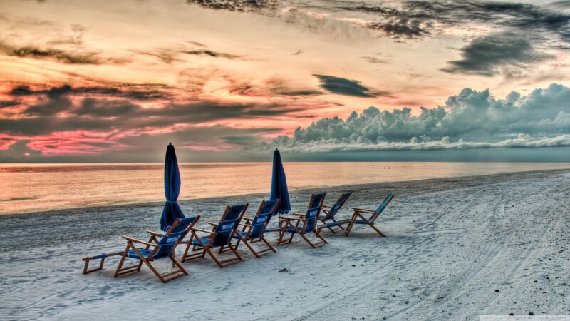 Beach Chairs on Sand — Blue, Dramatic, Sunset, Photograph, Umbrellas