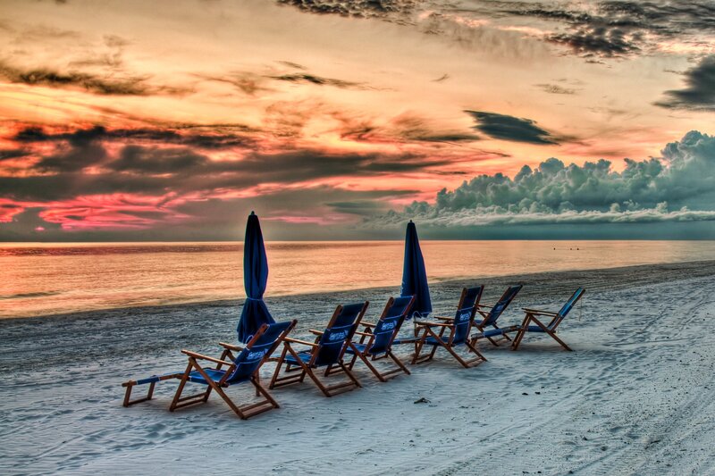 Beach Chairs on Sand — Blue, Dramatic, Sunset