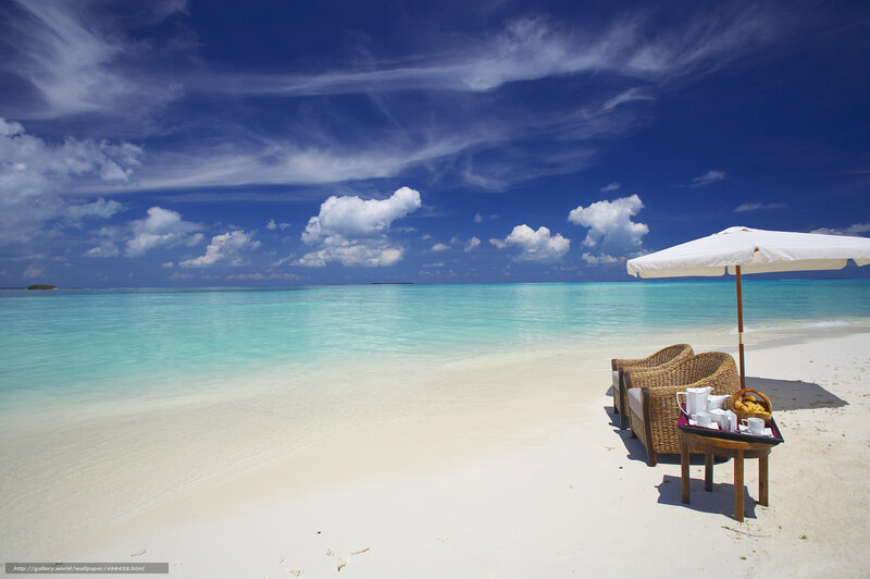 Beach Chairs on Sand — Blue, Serene, Afternoon, Photograph, Umbrella, Ocean, Table