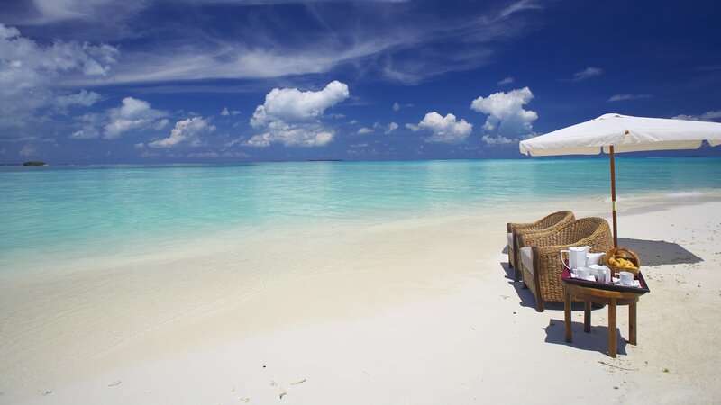 Beach Chairs on Sand — Blue, Serene, Afternoon, Photograph, Umbrella, Ocean