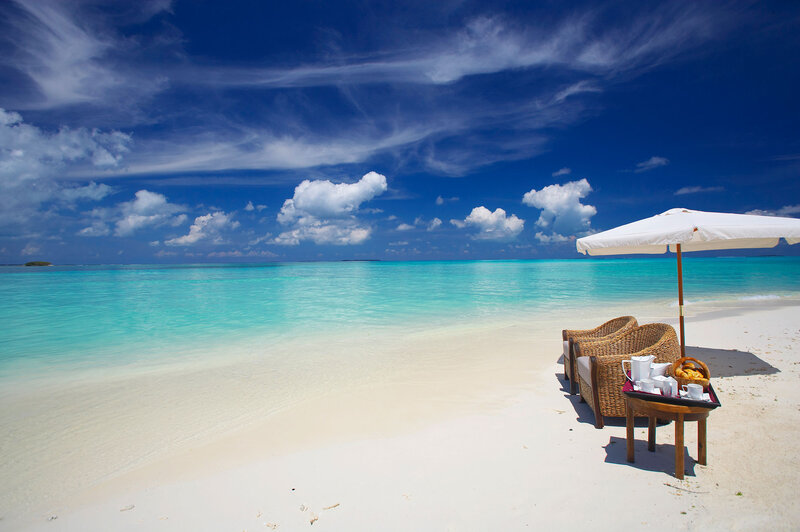 Beach Chairs on Sand — Blue, Serene, Afternoon, Photograph, Umbrella