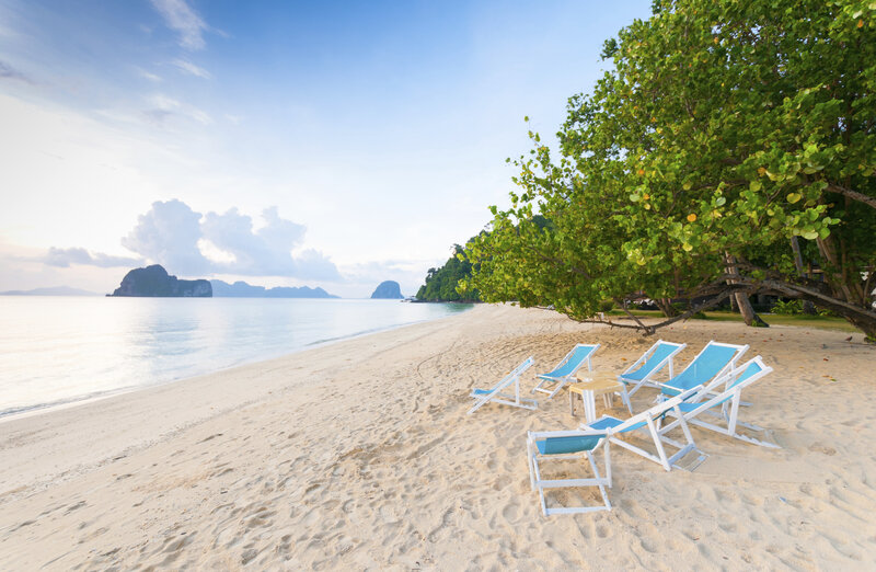 Beach Chairs on Sand — Blue, Serene, Morning