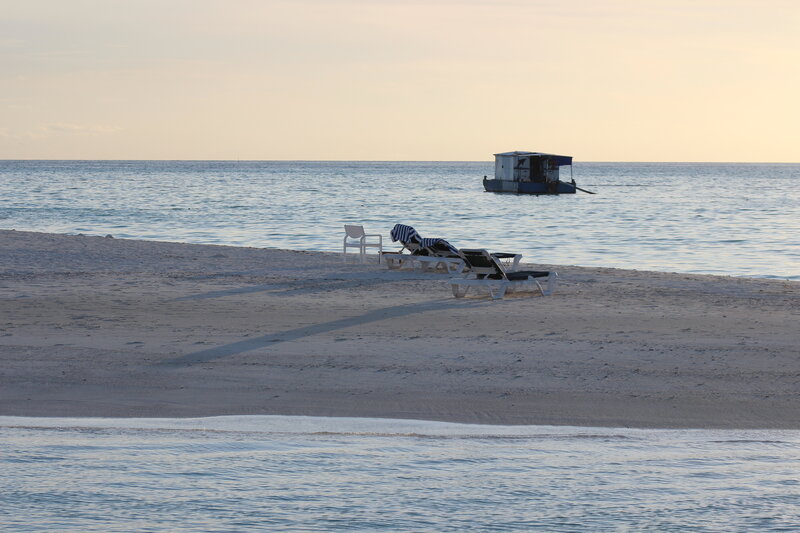 Beach Chairs on Sand — Blue, Serene, Sunset, Photograph