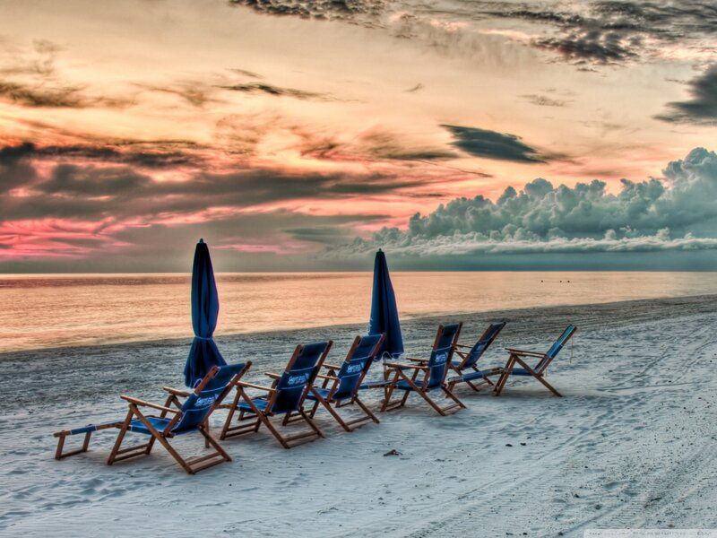 Beach Chairs on Sand — Blue, Serene, Sunset