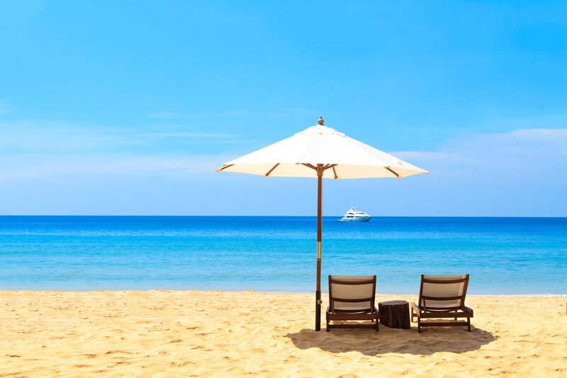 Beach Chairs under Umbrella — Blue, Serene, Afternoon, Photograph, Boat