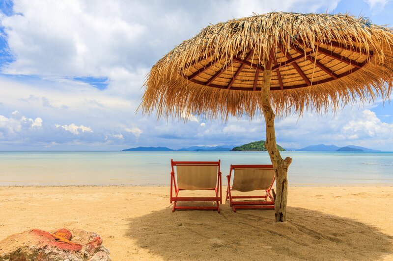 Beach Chairs under Umbrella — Blue, Serene, Afternoon, Photograph, Island