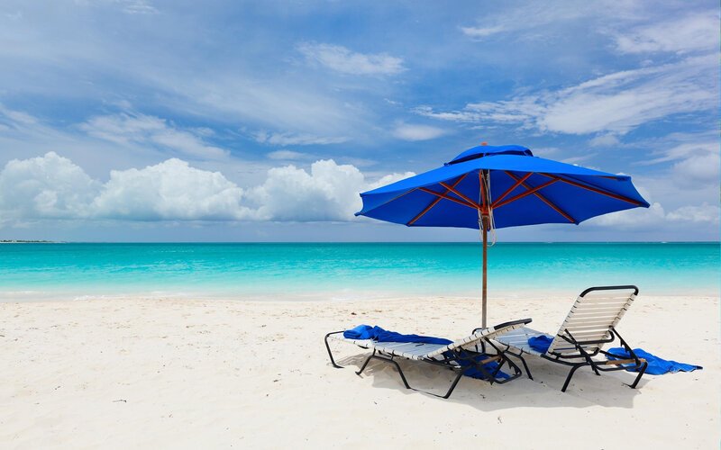 Beach Chairs under Umbrella — Blue, Serene, Afternoon, Photograph, Lounge Chairs