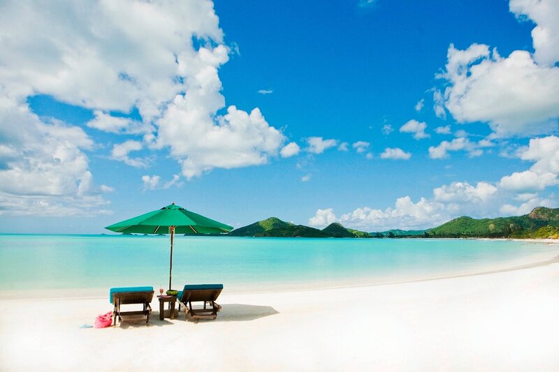 Beach Chairs under Umbrella — Blue, Serene, Afternoon, Photograph, Mountains