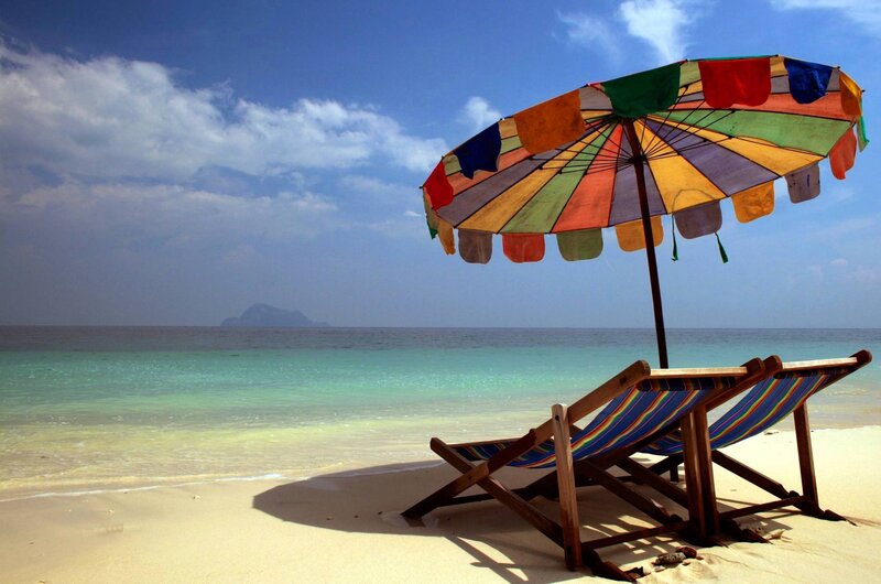 Beach Chairs under Umbrella — Blue, Serene, Afternoon, Photograph, Ocean, Island