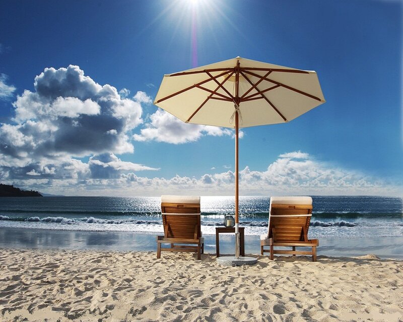 Beach Chairs under Umbrella — Blue, Serene, Afternoon, Photograph, Ocean, Sand